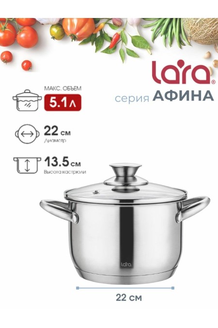 Кастрюля LARA Афина LR02-269 5.1 л (серебристый) 2