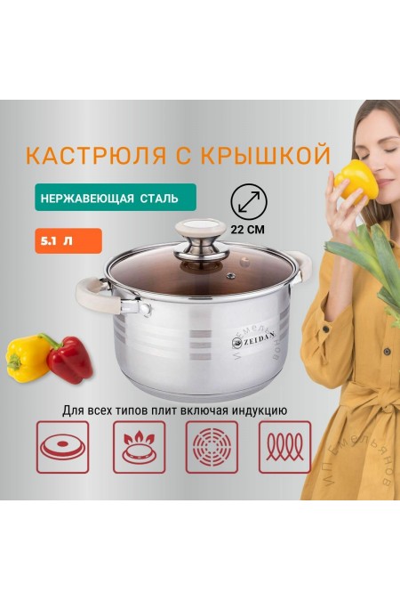 Кастрюля Zeidan Z-501066 5.1 л (серебристый) 