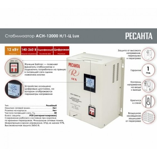 Стабилизатор Ресанта АСН-12000Н/1-Ц (63/6/22) 2