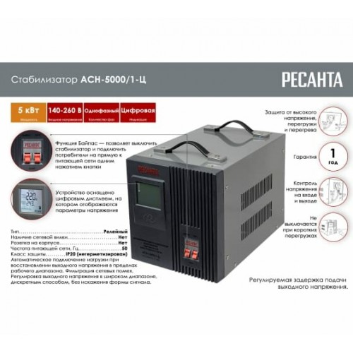 Стабилизатор Ресанта АСН-5000/1-Ц (63/6/6) 4