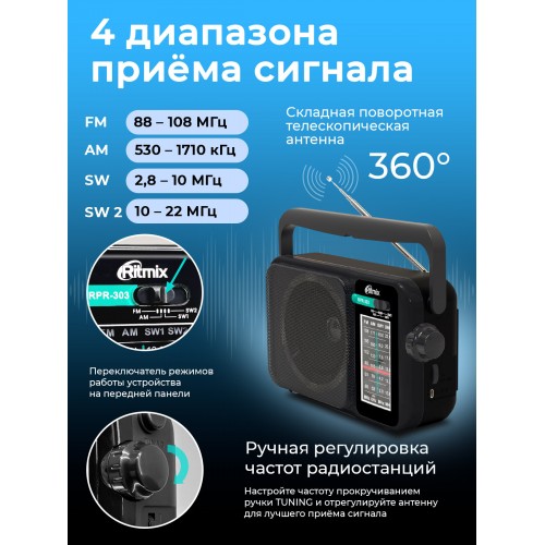 Радиоприемник RITMIX RPR-303 (черный) 3