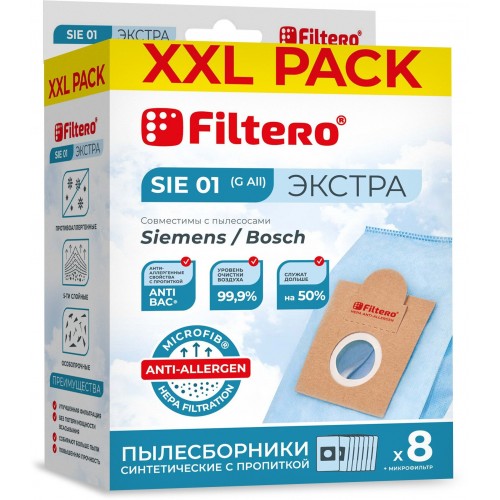 Пылесборник FILTERO SIE 01 XXL PACK Экстра, пятислойные, 8 шт., для пылесосов BOSCH, SIEMENS, CONTI, KARCHER, SHIVAKI, UFESA 