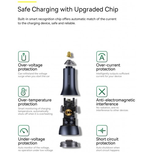 Автомобильное зарядное устройство Baseus Golden Contactor Pro Triple Fast Charge Car Charger 65W U+C+C Dark Gray (CGJP010013) 7