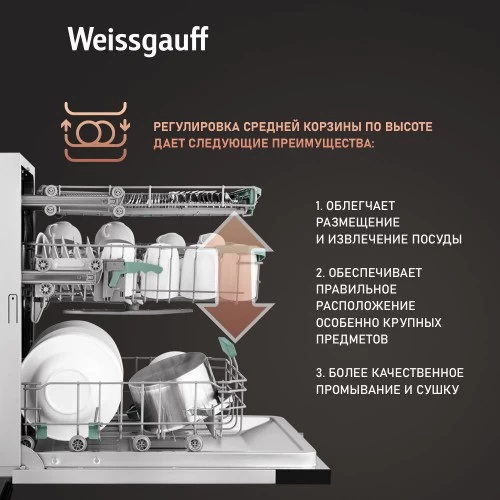 Встраиваемая посудомоечная машина Weissgauff BDW 6140 Real Touch DC Inverter Timer Floor (metallic grey, серебиристый, серый) 9