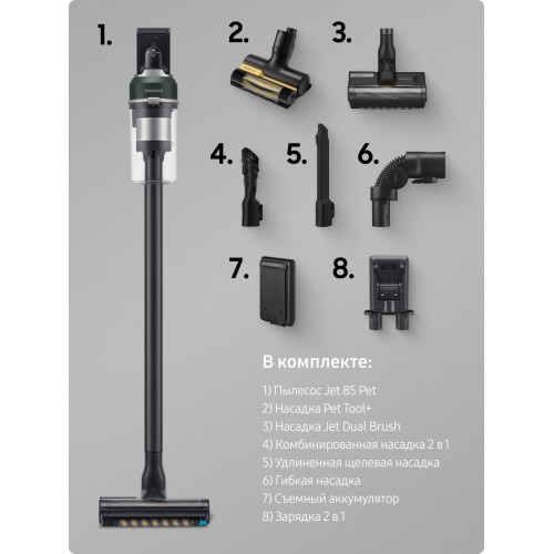 Вертикальный пылесос Samsung Jet 85 Pet VS20C8522TN/EV (черный/зеленый) 5