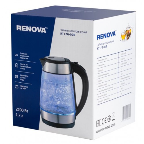 Электрочайник RENOVA KT17G-02B (черный/серебристый) 2