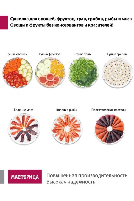 Сушилка Мастерица EFD-0602VM (6 поддонов + 2 белых поддона + поддон д/пастилы) (прозрачный/белый) 2