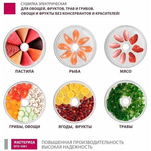 Сушилка Мастерица EFD-3061 (6 поддонов + 1 поддон для пастилы) (розовый перламутр) 6