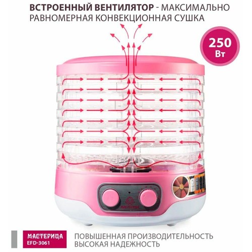 Сушилка Мастерица EFD-3061 (6 поддонов + 1 поддон для пастилы) (розовый перламутр) 9